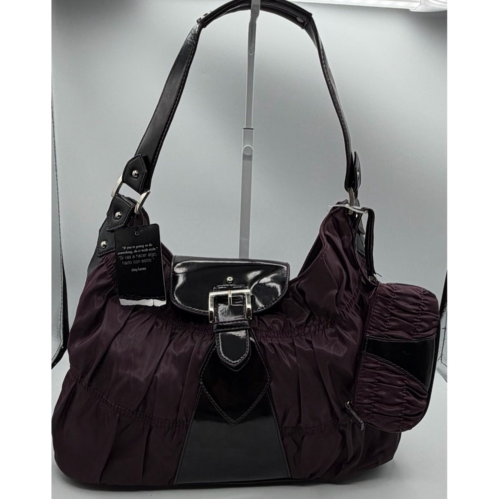 Daisy Fuentes Ruched Shoulder Bag Purple Nylon Black Patent Trim Buckle NEW